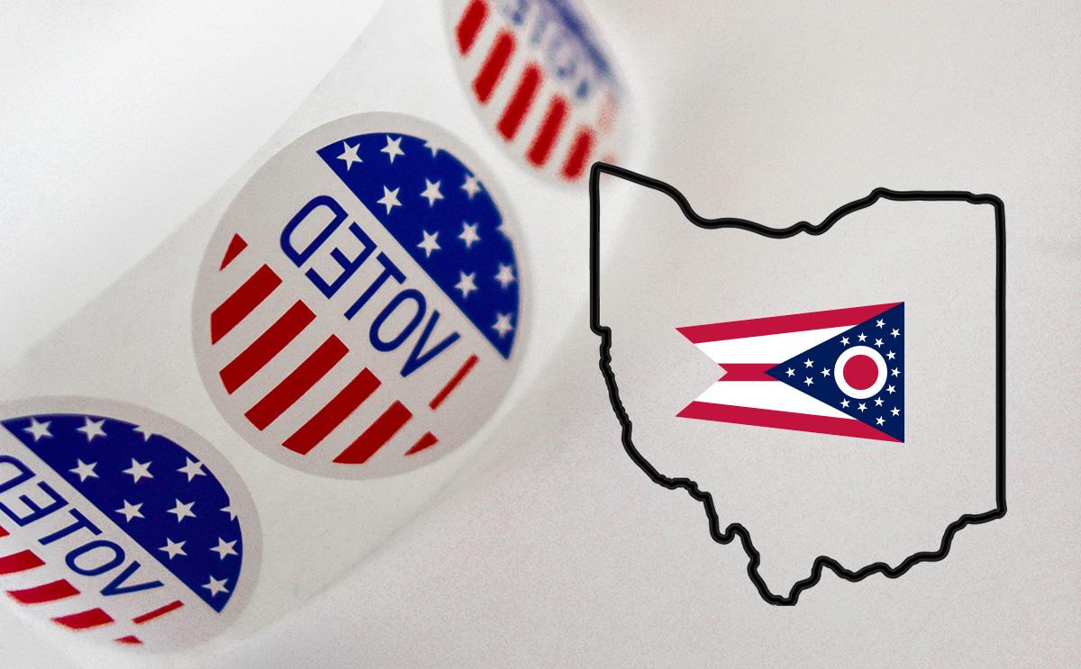 I voted stickers, outline of Ohio and state flag